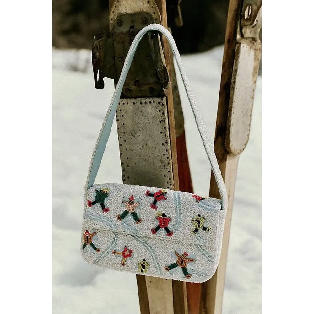 nwt ANTHROPOLOGIE The Fiona Beaded Bag: Winter Icon Edition Snow Angels white